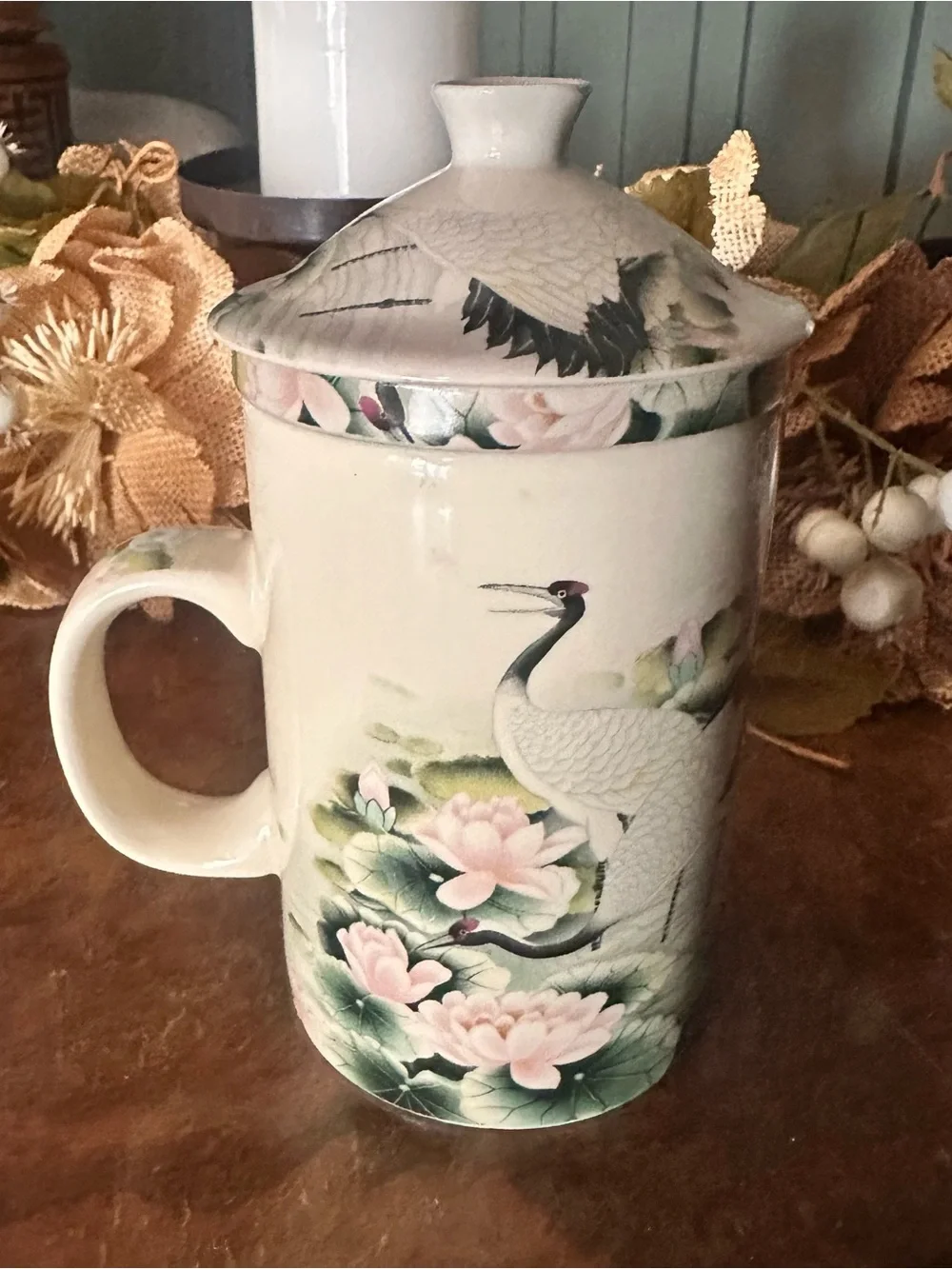 World Market Porcelain Crane & Lotus Lidded Tea Mug Cream Pink Green